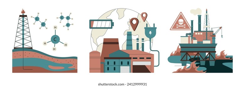 Fossil fuel set. Fossil resources extraction and its impact on climate change. Reliance on non-renewable energy sources. Earth raw materials depletion. Flat vector illustration