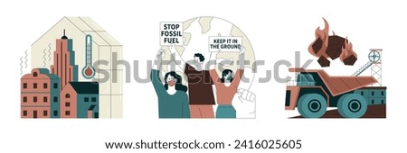 Fossil fuel set. Fossil resources extraction and its impact on climate change. Reliance on non-renewable energy sources. Earth raw materials depletion. Flat vector illustration