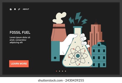 Fossil fuel web or landing. Integration of atomic or nuclear energy in modern cities. Renewable energy generation in nuclear reactor. Flat vector illustration