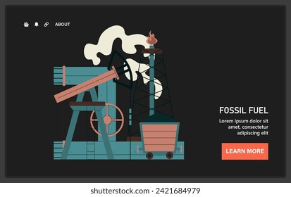 Fossil fuel web or landing. Fossil resources extraction process. Earth raw materials depletion. Oil derrick and pumpjack, coal and gas. Flat vector illustration