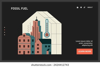 Fossil fuel web or landing. Fossil resources extraction and its impact on climate change and rising temperatures. Earth raw materials depletion. Flat vector illustration