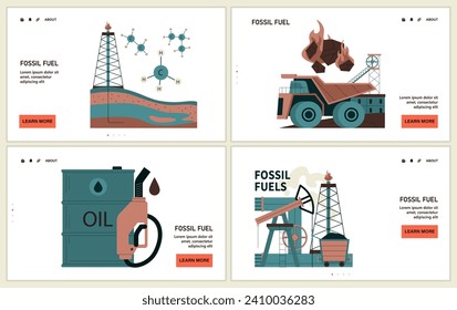 Fossil fuel web or landing set. Fossil resources extraction and its impact on climate change. Reliance on non-renewable energy sources. Earth raw materials depletion. Flat vector illustration