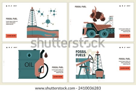 Fossil fuel web or landing set. Fossil resources extraction and its impact on climate change. Reliance on non-renewable energy sources. Earth raw materials depletion. Flat vector illustration