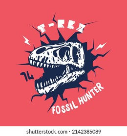 Fossil hunter.Dinosaur character design.T-rex skull vector print.Fun t-shirt design for kids.Vector illustration design for fashion fabrics, textile graphics, print.