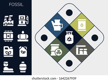 fossil icon set. 13 filled fossil icons. Included Gas, Water tank, Gasoline, Fuel, Barrel, Industry, Gas station, Oil icons