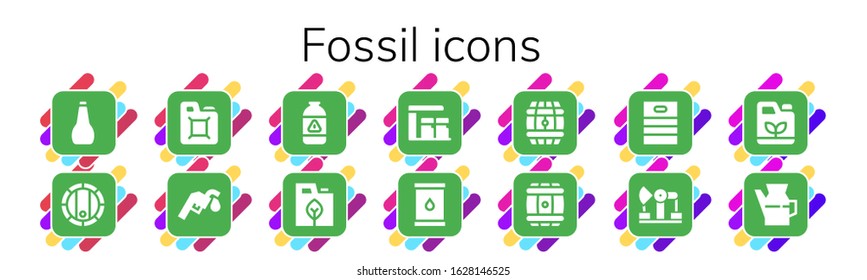 fossil icon set. 14 filled fossil icons.  Simple modern icons such as: Oil, Barrel, Fuel, Gas station, Gas, Derrick, Gasoline
