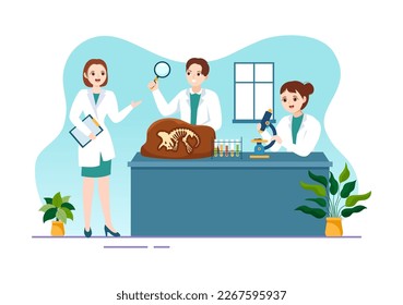 Fossil Illustration with Archaeologists Finds Dinosaurs Skeletons on Excavations or Digging Soil Layers in Flat Cartoon Hand Drawn Templates