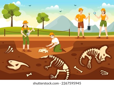 Fossil Illustration with Archaeologists Finds Dinosaurs Skeletons on Excavations or Digging Soil Layers in Flat Cartoon Hand Drawn Templates