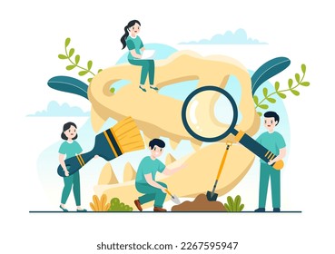 Fossil Illustration with Archaeologists Finds Dinosaurs Skeletons on Excavations or Digging Soil Layers in Flat Cartoon Hand Drawn Templates