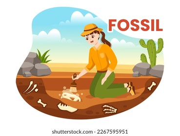 Ilustración fósil con arqueólogos encuentra esqueletos de dinosaurios en excavaciones o excavaciones de capas de suelo en plantillas de dibujos a mano de dibujos planos