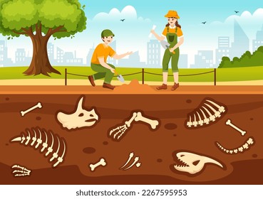 Fossil Illustration with Archaeologists Finds Dinosaurs Skeletons on Excavations or Digging Soil Layers in Flat Cartoon Hand Drawn Templates