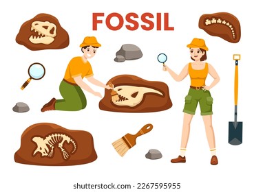 Fossil Illustration with Archaeologists Finds Dinosaurs Skeletons on Excavations or Digging Soil Layers in Flat Cartoon Hand Drawn Templates