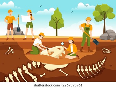 Fossil Illustration with Archaeologists Finds Dinosaurs Skeletons on Excavations or Digging Soil Layers in Flat Cartoon Hand Drawn Templates