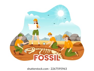 Fossil Illustration with Archaeologists Finds Dinosaurs Skeletons on Excavations or Digging Soil Layers in Flat Cartoon Hand Drawn Templates