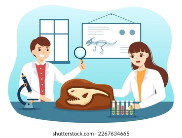 Fossil Illustration with Archaeologists Finds Dinosaurs Skeletons on Excavations or Digging Soil Layers in Flat Cartoon Hand Drawn Templates