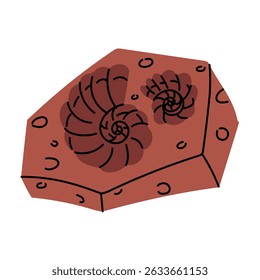 fossil an imprint of shells in stone. Vulcanization. Paleontology of nature and animals. Flat color illustration. For scientific projects, encyclopedias, museum exhibitions, materials about dinosaurs