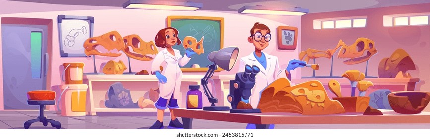 Fossil lab interior with paleontology scientists. Cartoon vector illustration of female and male archaeologist characters work with dinosaur skulls and bones. laboratory for prehistoric era explorer.