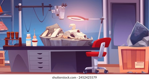 Fossil lab interior with research tools and exhibits under study. Paleontology cabinet inside with dinosaur bones on table under magnifier. Cartoon vector archaeology explorer science laboratory.