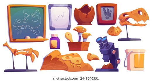 Fossil lab and paleontology cabinet interior elements and research tools. Cartoon vector set of archaeology scientist laboratory room objects - dinosaur bones and footprints, microscope and brushes.