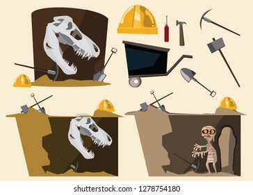fossil and mummy and tool set vector illustration 