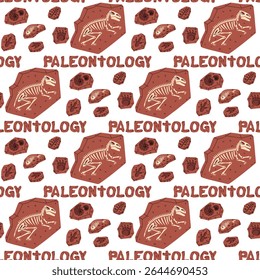 Fossil pattern with the inscription Paleontology, color. Dinosaur footprints, fish bones, Tyrannosaurus skeleton, plants, and shells in seamless texture. Brown large elements. for scientific posters