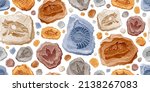 Fossil pattern vector. Archeologic fossil background. Seamless Dinosaur dig pattern. Dino foot, sea animal, fish skeleton, plant shell. Ancient prehistoric stone. Evolution rock. Paleontology, history