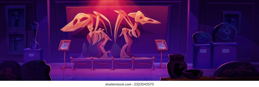 Esqueleto de los dinosaurios pterodactílicos fósiles en la ilustración de los vectores de museos. Hueso animal y cráneo de Dino exponen en el pedestal en el salón con luz roja. Interior de la galería de paleontología prehistórica