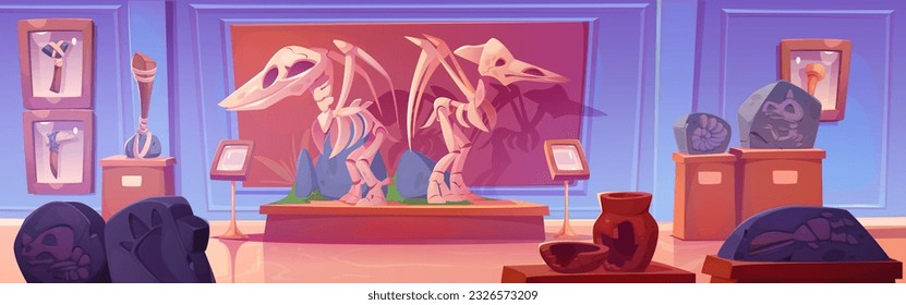 Fossil pterodactyl dinosaur skeleton in museum vector cartoon illustration. Dino animal bone and skull exhibit on natural pedestal in hall room. Prehistoric paleontology gallery empty interior