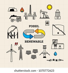 fossil and renewable energy icon with simple line graphic