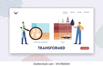 Fossil Resource Exploring Landing Page Template. Scientist and Worker Characters Presenting Oil and Gas Natural Formation Time Line from Million Years Ago to Today. Cartoon People Vector Illustration