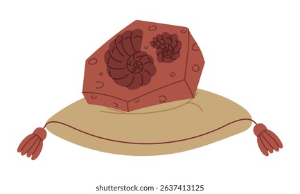 fossil with a shell print in a stone on a pillow as an exhibit in the museum. An archaeological find. Flat color illustration. scientific projects, encyclopedias, museum exhibitions, history