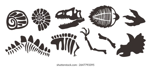 Fossil silhouette collection in bold illustrations. Simple hand drawn in rough style.
