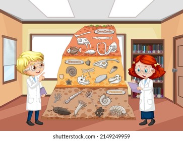 Fossil in soil layers with children cartoon character illustration