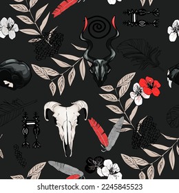 Fossil specimen of the skeleton. Seamless vector background of tropical flowers, leaves and animal skulls. Textural bone silhouette for textile. In Indian style, tribal elements, signs