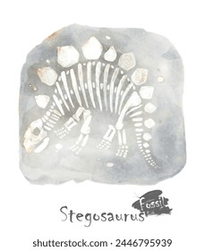 Fossil of Stegosaurus dinosaur in rock . Watercolor paint design . Vector .
