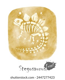 Fossil of Stegosaurus dinosaur in rock . Watercolor paint design . Vector .