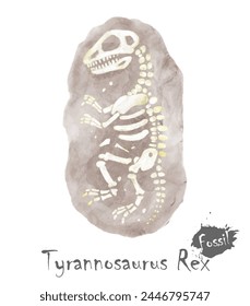 Fossil of Tyrannosaurus rex dinosaur in rock . Watercolor paint design . Vector .