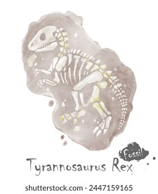 Fossil of Tyrannosaurus rex dinosaur in rock . Watercolor paint design . Vector .