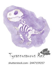 Fossil of Tyrannosaurus rex dinosaur in rock . Watercolor paint design . Vector .