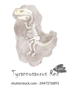 Fossil of Tyrannosaurus rex dinosaur in rock . Watercolor paint design . Vector .