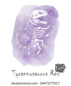 Fossil of Tyrannosaurus rex dinosaur in rock . Watercolor paint design . Vector .