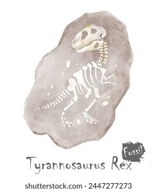 Fossil of Tyrannosaurus rex dinosaur in rock . Watercolor paint design . Vector .