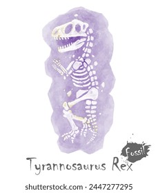 Fossil of Tyrannosaurus rex dinosaur in rock . Watercolor paint design . Vector .