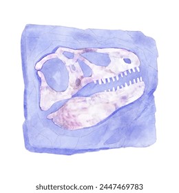 Fossil of Tyrannosaurus rex skull dinosaur in rock . Watercolor paint design . Vector .