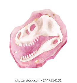 Fossil of Tyrannosaurus rex skull dinosaur in rock . Watercolor paint design . Vector .