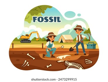 Fossil Vector Illustration of Archaeologists Discovering Dinosaur Skeletons During Excavations, Depicted in a Flat Cartoon Style Background