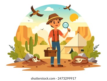 Fossil Vector Illustration of Archaeologists Discovering Dinosaur Skeletons During Excavations, Depicted in a Flat Cartoon Style Background