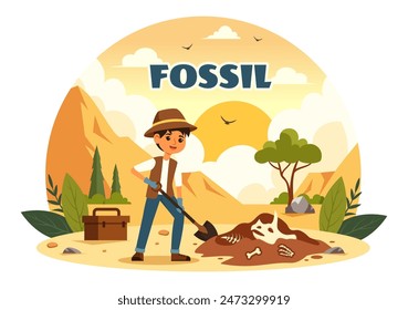 Fossil Vector Illustration of Archaeologists Discovering Dinosaur Skeletons During Excavations, Depicted in a Flat Cartoon Style Background