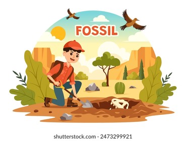 Fossil Vector Illustration of Archaeologists Discovering Dinosaur Skeletons During Excavations, Depicted in a Flat Cartoon Style Background