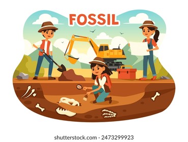 Fossil Vector Illustration of Archaeologists Discovering Dinosaur Skeletons During Excavations, Depicted in a Flat Cartoon Style Background